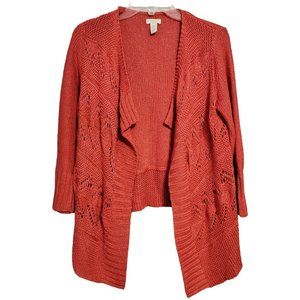 Chico's 0 Open Front Cardigan Lacey Red Knit 3/4 Sleeve Women's Office Casual